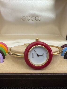 Gucci Gold-Tone Bangle Watch with Red Enamel Bezel